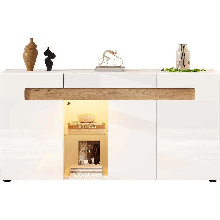 ZUBALIYA Sideboard 140x40x70 cm, mit LED-Beleuchtung, mit App-Steuerung, Hochglanz, aus Spanplatte, Weiß / Natur – Bild 13