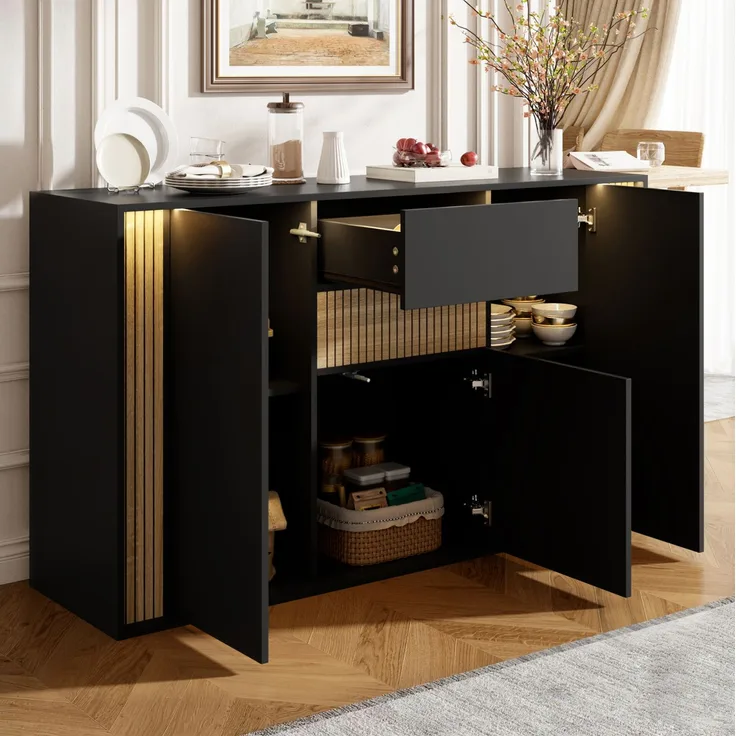 DESVIAE Sideboard Schwarz/Natur aus Spanplatte – 140x82x40 cm – 3 Türen, Schublade, LED-Beleuchtung