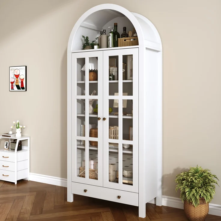 Vitrine 75x35x170,5 cm in Weiß mit Bogenfach, Acryl-Türen und Schublade – Bild 4