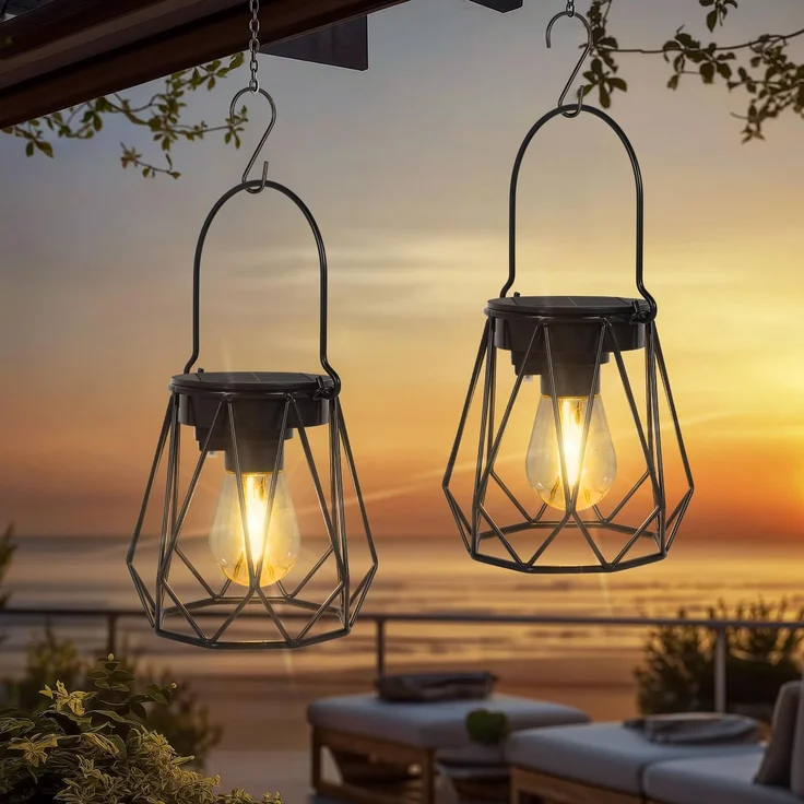 Ketom 2 Stück Solarlampen für Außen Hängend, IP65 Wasserdicht Metall Solarlaterne für Außen, LED Solar Laternen für Draußen für Garten, Patio, Weg, Camping, Rasen, Schwarz, Achteckig