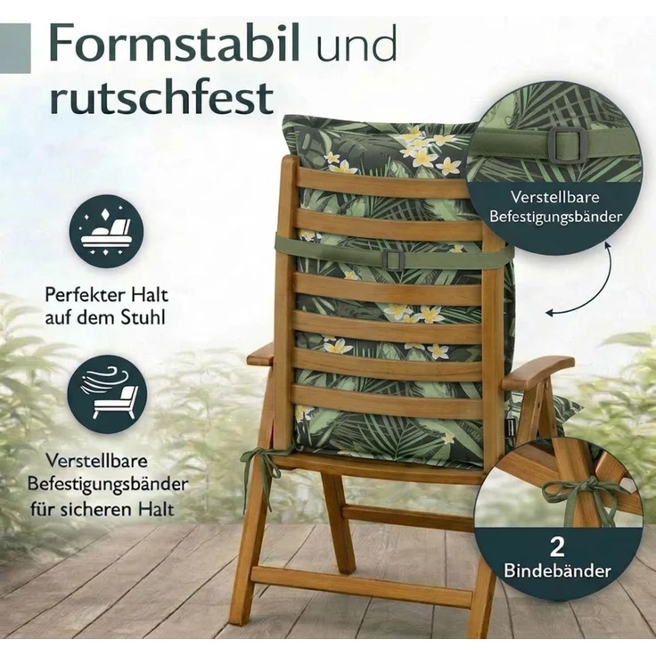 BURI 4x Auflagen Set Hochlehner für Gartenstühle 120x48x7cm Sesselauflagen Polster UV Lichtecht - Gartenstuhlauflagen Dschungel Muster Stuhlkissen mit Dicker Schaumstoff Füllung – Bild 4