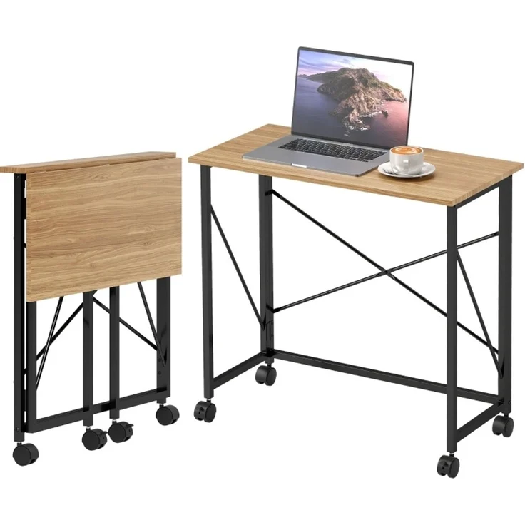 Klappbarer Schreibtisch mit 4 Rollen und Stahlrahmen aus MDF, 80x40x75 cm, Eiche – Bild 2
