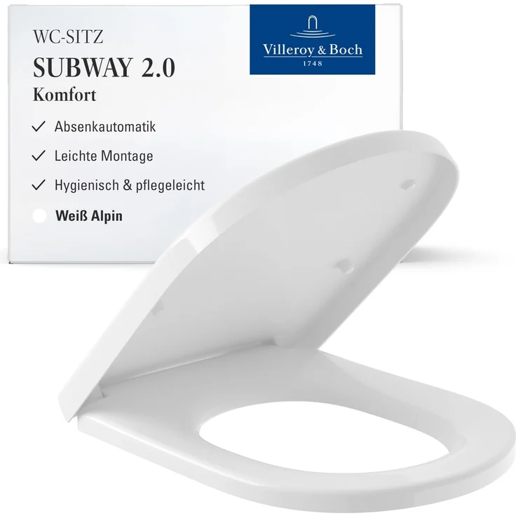 Villeroy & Boch Subway 2.0 WC-Sitz - Toilettendeckel mit Absenkautomatik - Abnehmbarer, bruchsicherer Toilettensitz aus Duroplast - Original Ersatzteil - Klodeckel in D-Form - Weiß Alpin, glänzend – Bild 1