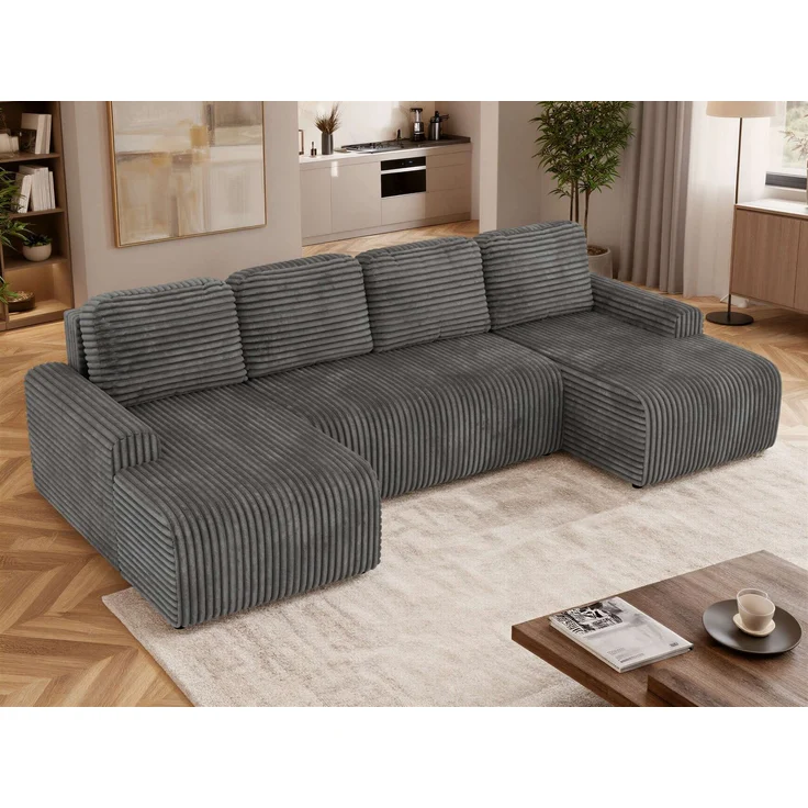 Modernes Familiensofa NESSARO U, Wohnlandschaft U-Form mit Schlaffunktion und Bettkasten, DL-System, lose Kissen, Rückenkissen, Bonellfederkern - Grau Cord – Bild 4
