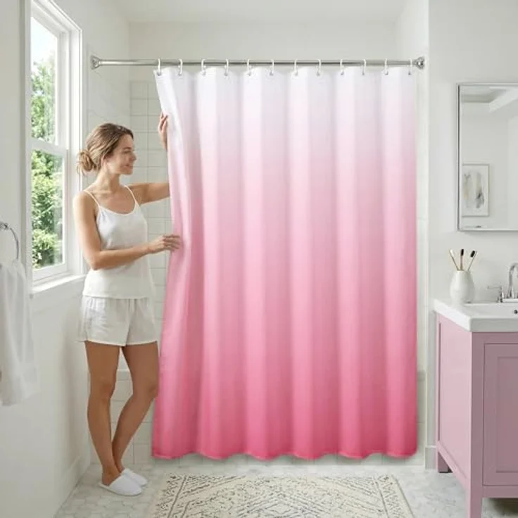 Americanflat Duschvorhang, 100% Polyester, wasserabweisend, mit Metallösen und 12 Duschvorhangringen, Farbverlauf, 180 x 180 cm, Rosa – Bild 5