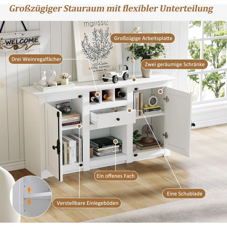 Sideboard 130 cm Weiß mit 2 Türen, 1 Schublade, Weinregal, Kommode für Wohnzimmer, Anrichte mit Stauraum und Präsentationsfläche – Bild 5