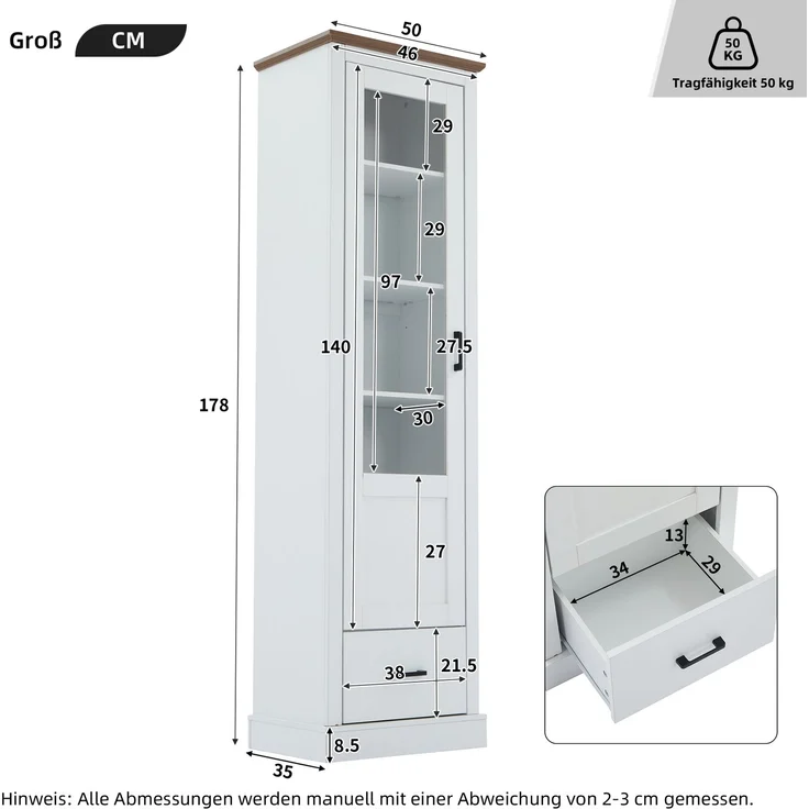 (=N625P230694696W)Moderne LED Vitrine Weiß Matt 178cm mit USB-Anschluss, Standvitrine mit Holzdekor, Gehärtetes Glas Hochschrank mit Schublade, Vitrinenschrank, 5 Fächer Display Schrank--Weiß--50x35x178cm--YOUDENOVA – Bild 4