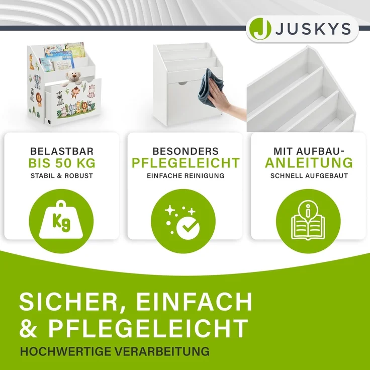 Juskys Kinder Bücherregal mit 3 Fächern & Spielzeugkiste, Weiß, 63 x 30 x 70 cm (BxTxH) – Bild 3