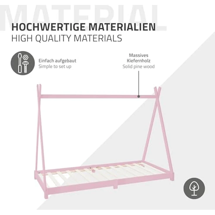 Kinderbett Tipi mit Lattenrost 90x200 cm Rosa aus Kiefernholz ML-Design – Bild 7