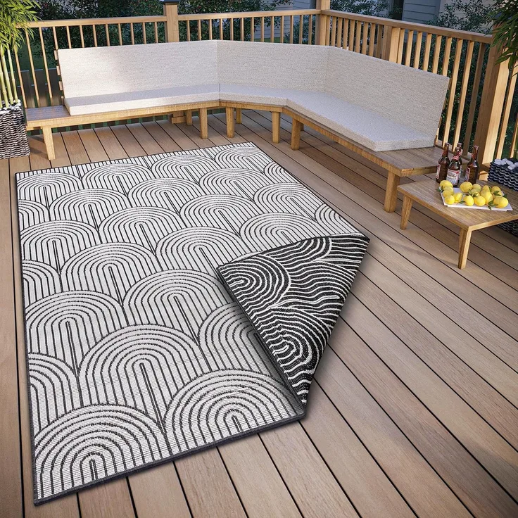 Hanse Home Pangli Outdoor Teppich Wetterfest – Wendeteppich Skandinavischer Boho Style Wasserfest Einfarbig Geometrisch 3D-Effekt für Garten, Balkon, Terrasse, Wohnzimmer – Schwarz, 160x230 cm