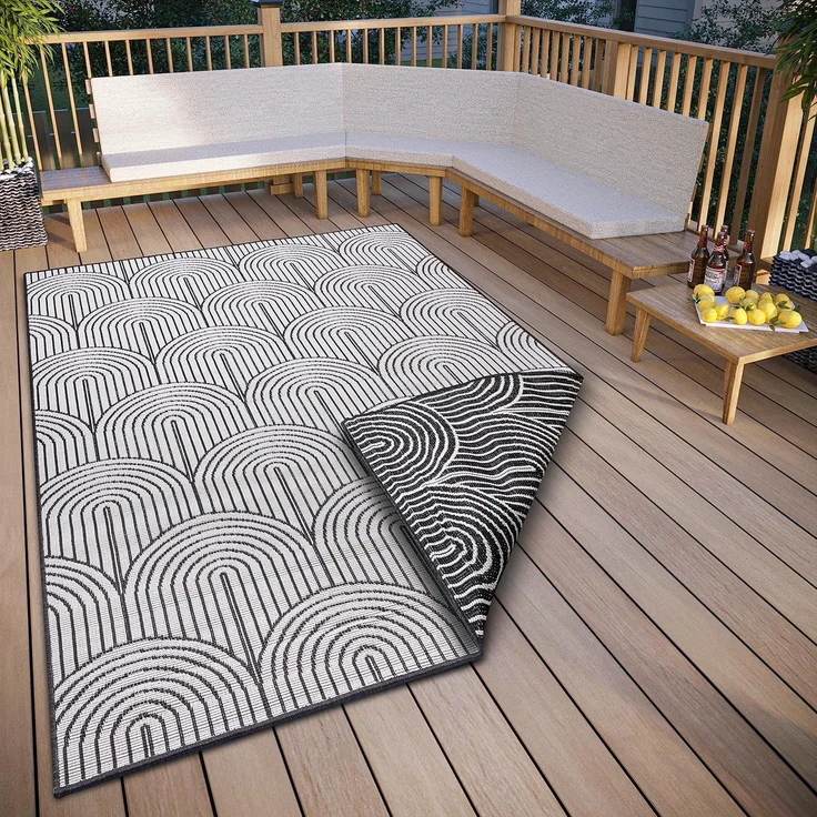 Hanse Home Pangli Outdoor Teppich Wetterfest – Wendeteppich Skandinavischer Boho Style Wasserfest Einfarbig Geometrisch 3D-Effekt für Garten, Balkon, Terrasse, Wohnzimmer – Schwarz, 160x230 cm