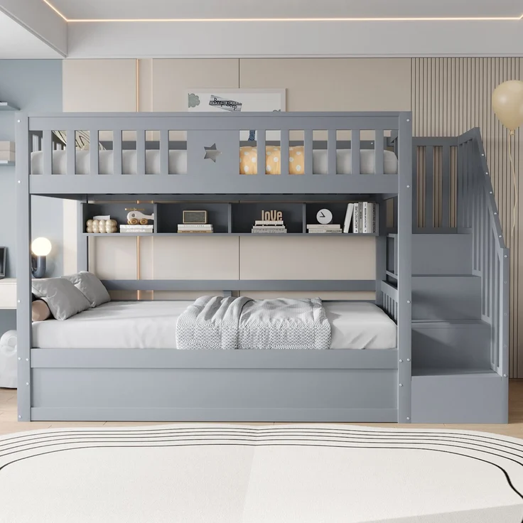 ZUBALIYA Bettgestell für Matratzen 253 x 95 x 151 cm, Bettgestell aus Holz, als Schlafplatz für Schlafzimmer und Gästezimmer, Grau – Bild 4
