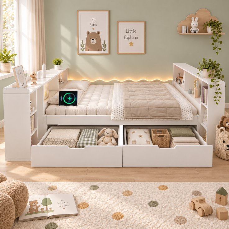 Tagesbett 90x200 cm mit 2 Schubladen, ausziehbarer Tischplatte und LED-Beleuchtung – Weiß (ohne Matratze) – Bild 2