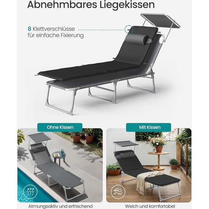 Songmics Sonnenliege, Rückenlehne verstellbar, klappbar, schwarz 53 x 193 x 29,5 cm – Bild 5