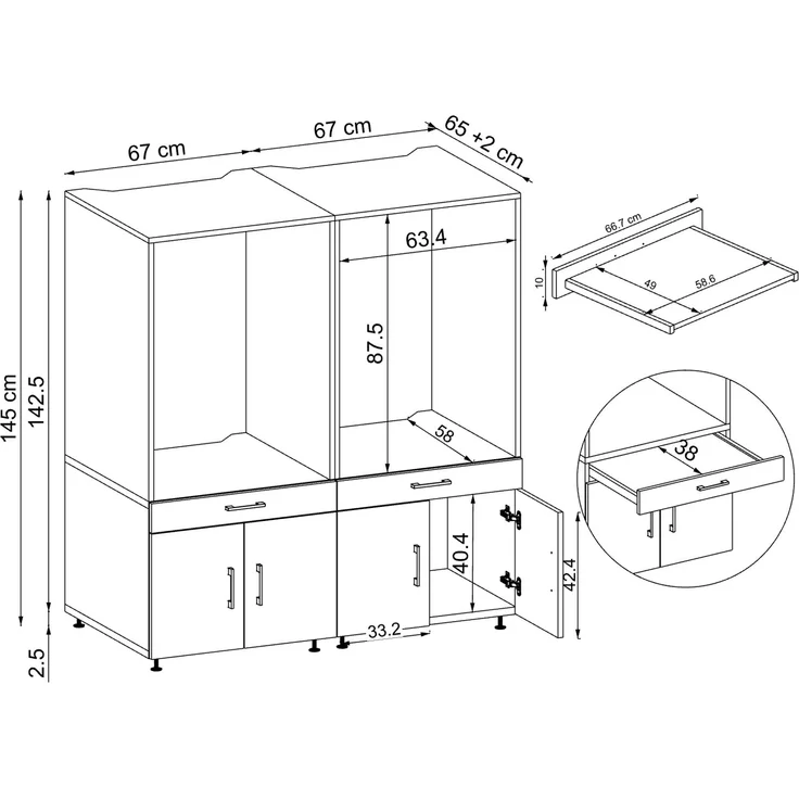 Roomart Waschmaschinenschrank - SERIE 3 – 134 cm breit, Doppelschrank Überbauschrank, mit Ausziehbrett, Waschmaschinenschrank für Waschmaschine & Trockner, • Eiche – Bild 5