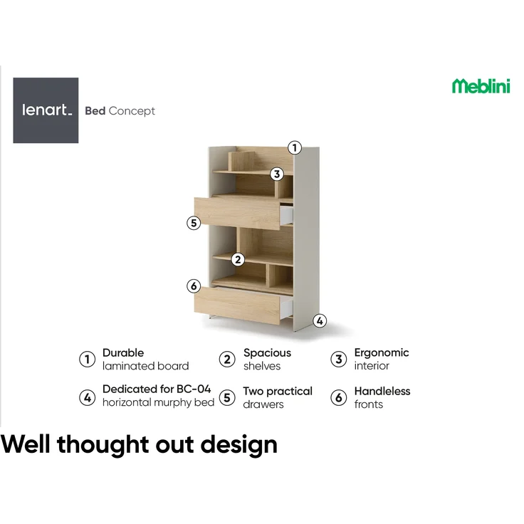 MEBLINI Wohnzimmerschrank für Schrankbett Bed Concept - Hochschrank mit Regalen, Fächern und Schubladen - BC-27 - Kaschmir/Nagano Eiche – Bild 2