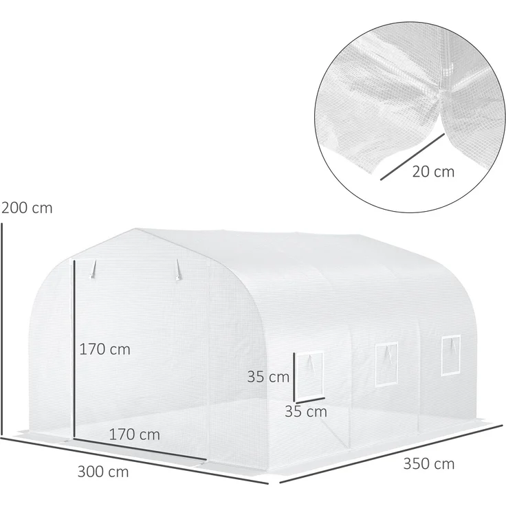 Wohnora-Gewächshaustunnel, Maße 3,5 m (L) x 3 m (B) x 2 m (H), Tür + 6 aufrollbare Fenster, verzinkter Stahl, hochdichte PE-Folie, weiß,H 2000cm x T 1280cm x B 3000cm – Bild 4
