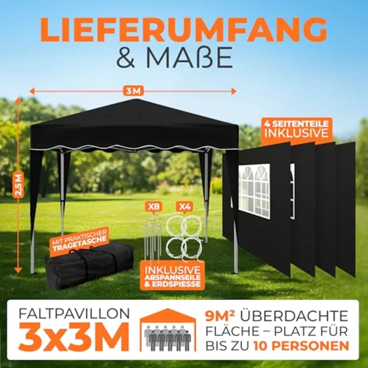 Faltpavillon 3x3 m - wasserdicht - mit 4 Seitenteilen, schwarz – Bild 3