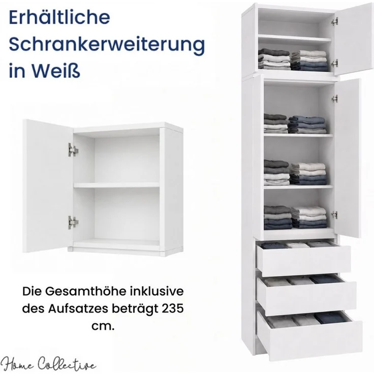 Home Collective Kleiderschrank Garderobenschrank Mehrzweckschrank Schrank platzsparend & vielseitig (50x40x180,5 cm (BxTxH), ideal für Schlafzimmer Flur & Arbeitszimmer) mit Aufsatz, 2 Türig 3 Einlegeböden & 3 Schubladen in weiß – Bild 3