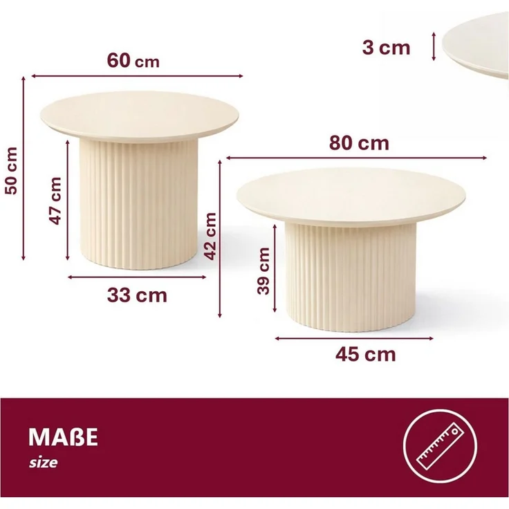 HOOZ Couchtisch Wohnzimmertisch Keramik rund 2er Set Trommel Gestell Weiß 80 & 60 cm (Set, 2-St, 2× Satztisch), Sofatisch mit geriffeltem Gestell – stabil & pflegeleicht – Bild 4