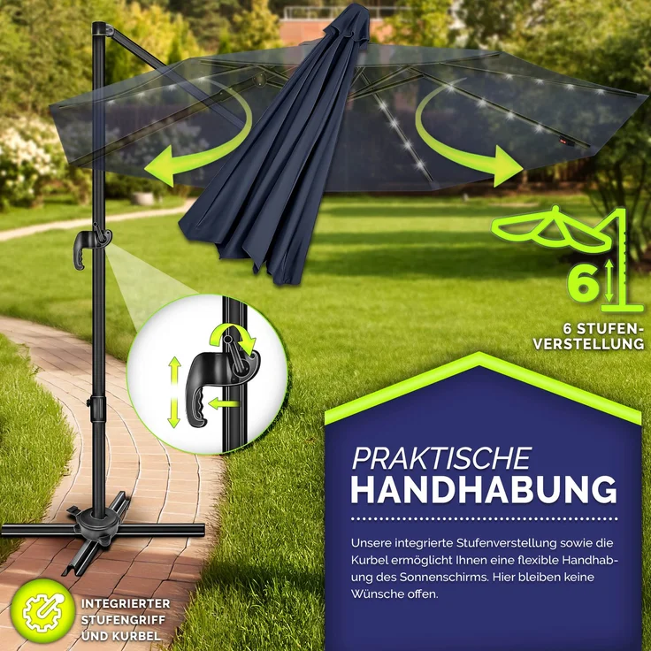 tillvex® Premium Alu Sonnenschirm 330 cm Navy-Blau + Abdeckung & Windsicherung | Ampelschirm 6-Fach Verstellbar mit Kurbel | Gartenschirm 360° Drehbar Neigbar Kippbar | Kurbelschirm UV50+ Groß wasserdicht – Bild 3