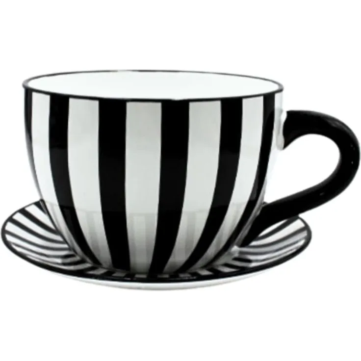 Dekohelden24 Blumentopf, Pflanztasse, Pflanzkübel, Pflanzgefäß, Blumenkübel, Pflanztopf. Übertopf als Tasse mit Griff aus Keramik, Motiv: Schwarz-Weiß-Gestreift, L/B/H 25 x 23 x 14 cm.