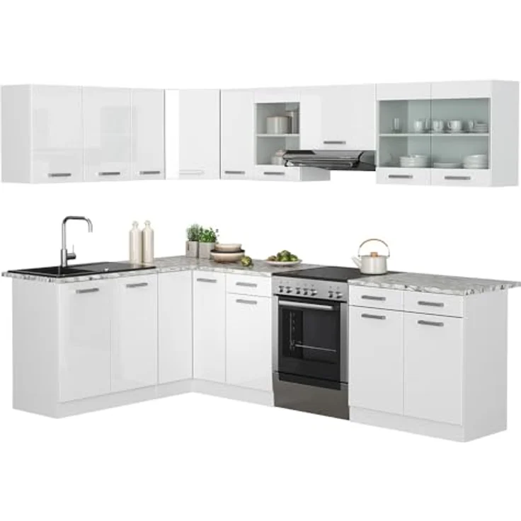 Eckküche Rick Weiß Hochglanz/Weiß 270 x 60 cm , AP Marmor Vicco – Bild 9