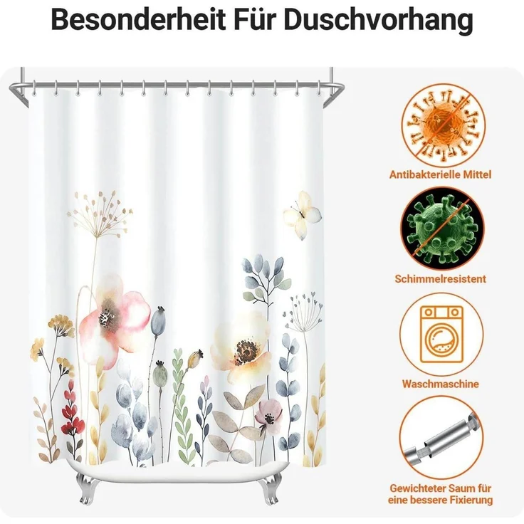 Duschvorhang Blumen Antischimmel, Wasserabweisend, 180x160cm – Bild 7