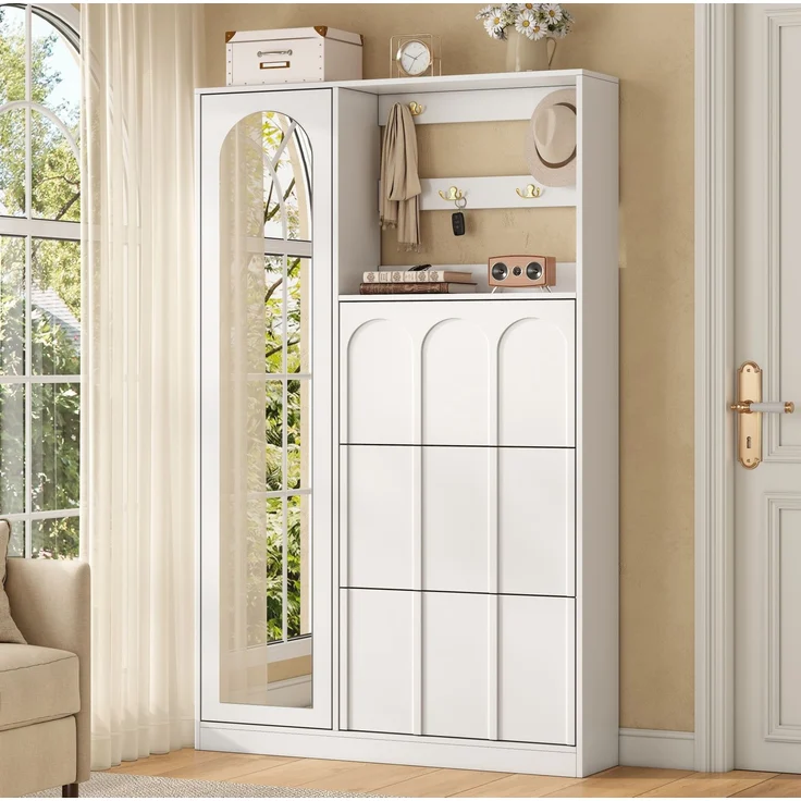 Garderobenschrank aus MDF mit Spiegel und 3 Schuhklappen, 100x24x164 cm, Weiß – Bild 2
