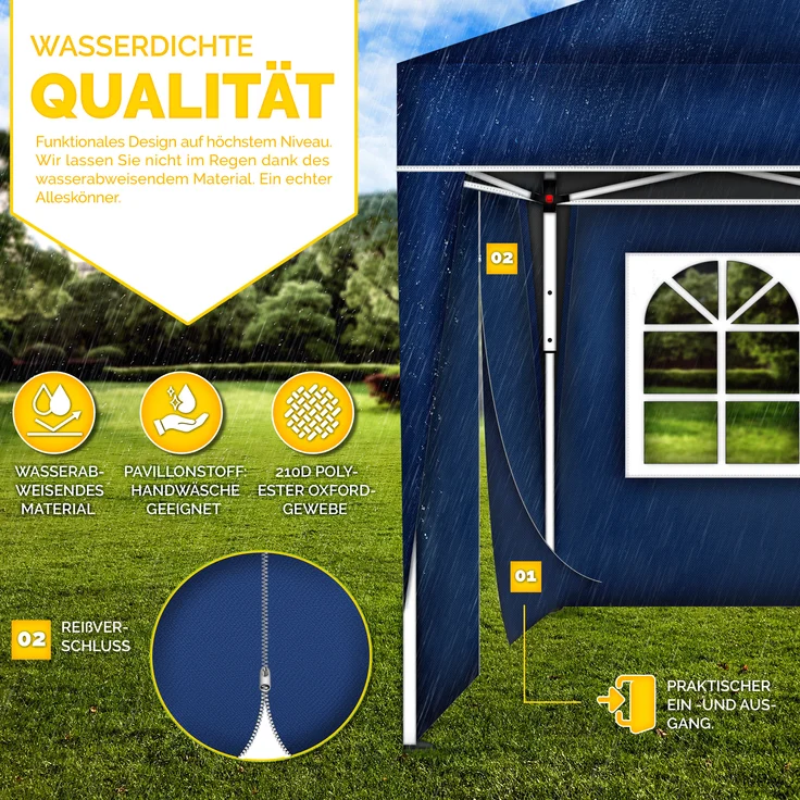 tillvex Pavillon 3x6m - mit 3 Seitenwänden Blau wasserdicht | Pop-Up Faltpavillon höhenverstellbar | Gartenzelt UV Schutz 50+ | Partyzelt mit Tasche für Garten – Bild 9