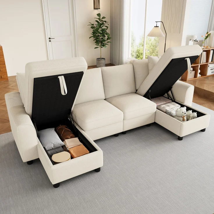 Chenille-U-Sofa mit 2 Stauraum-Chaiselongues und 2 Kissen, gepolsterte Wohnlandschaft 280 cm mit Taschenfederkern, Beige – Bild 24