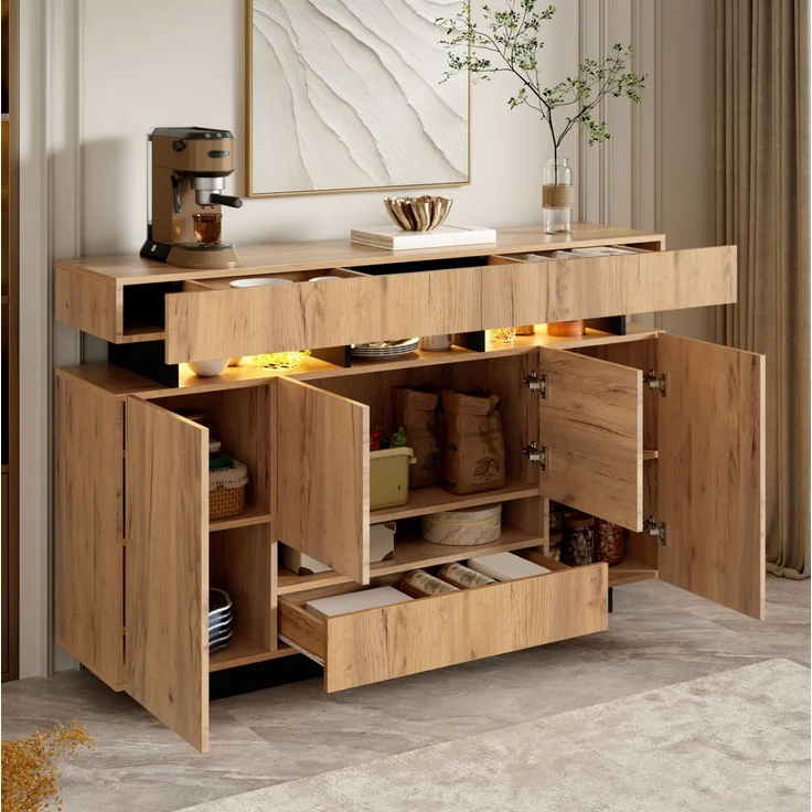 Sideboard 140 x 35 x 90 cm mit 4 Türen, 3 Schubladen und RGB-Beleuchtung – Natur/Schwarz – Bild 2
