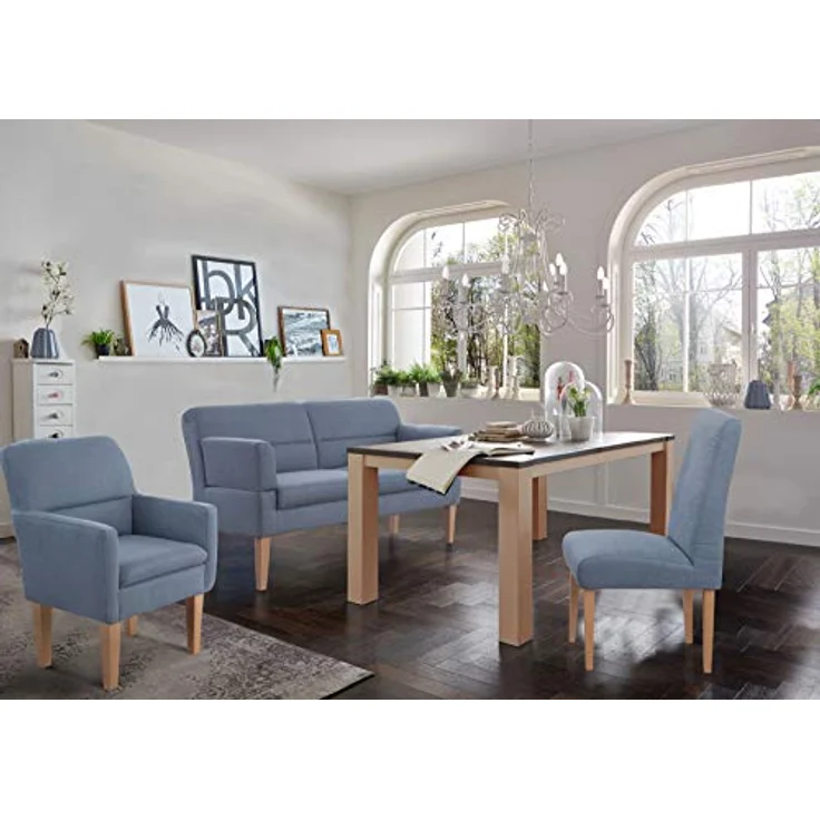 CAVADORE 2,5-Sitzer Küchensofa Kira / Sitzbank für Küche, Esszimmer oder Wohnküche inkl. Armteilverstellung / Leichte Fleckenentfernung dank Soft Clean / 168 x 94 x 81 / Flachgewebe: Hellblau – Bild 3