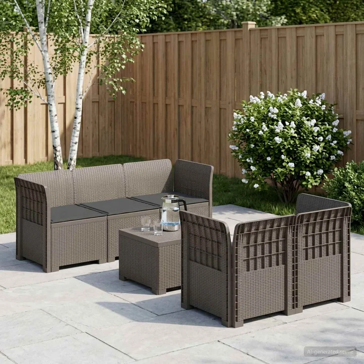 vidaXL 5-Sitzer Gartensofa mit Kissen Rattan-Look PP Hellgrau 3443903 – Bild 1