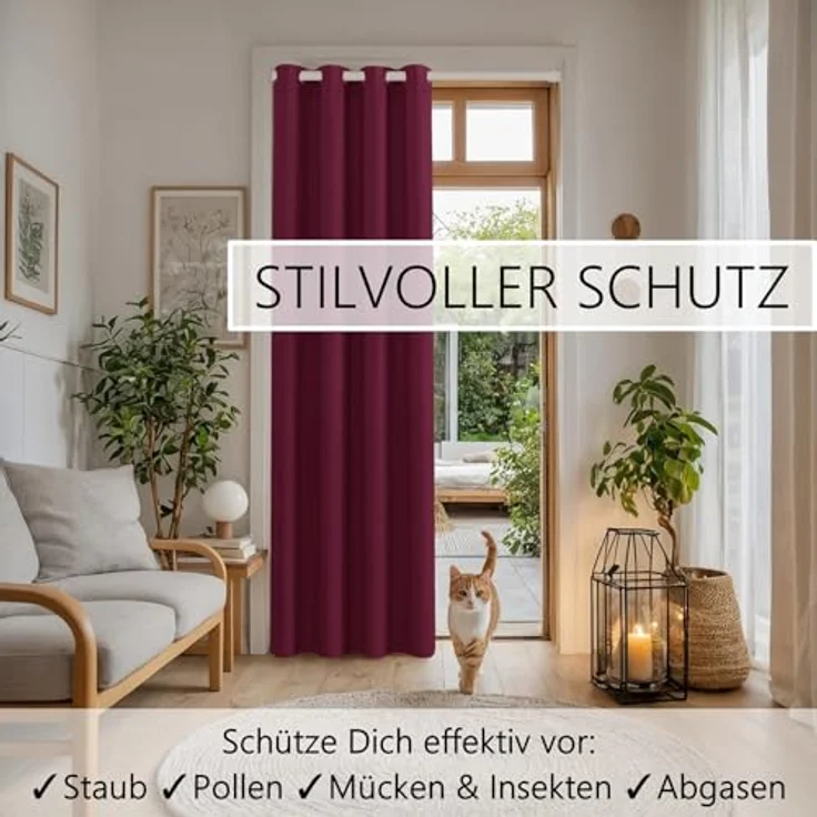 tinycurtains Türvorhang mit Stange weiß 70-120 cm Thermo Vorhang ohne Bohren, blickdicht, Ösen, verdunkelnd, Polyester, bordeaux rot Berry, Türgardine mit Klemmstange Raumtrenner Vorhang Tür – Bild 9