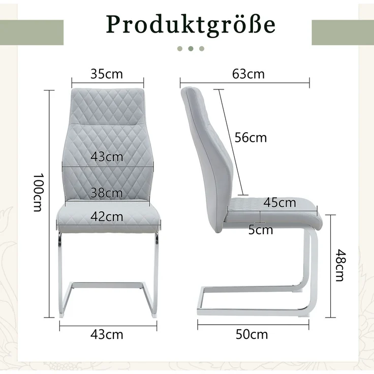 Esszimmerstuhl im Rautenmuster, PU-Lederoptik, 2er-Set, H 100 x T 43 x B 63 cm, hellgrau/silber – Bild 5