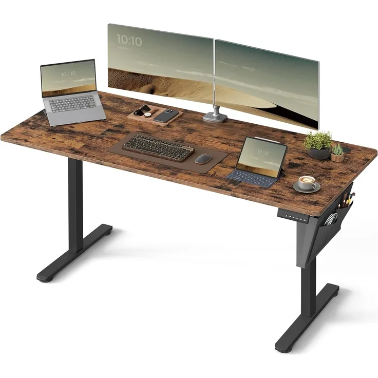 Songmics Höhenverstellbarer Schreibtisch elektrisch, 70x160 x (72-120) cm, Verstellbarer Tisch, Memory-Funktion für 4 Höhen, für Homeoffice, Arbeitszimmer, vintagebraun-tintenschwarz LSD136K01