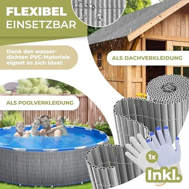 KESSER® PVC Sichtschutzmatte Sichtschutzzaun Balkonverkleidung Windschutz verstärkte Lamellen für Garten Balkon & Terrasse Balkonumrandung inkl Kabelbindern, Abdeckung & Handschuhe Hellgrau, 90 x 500 cm – Bild 5