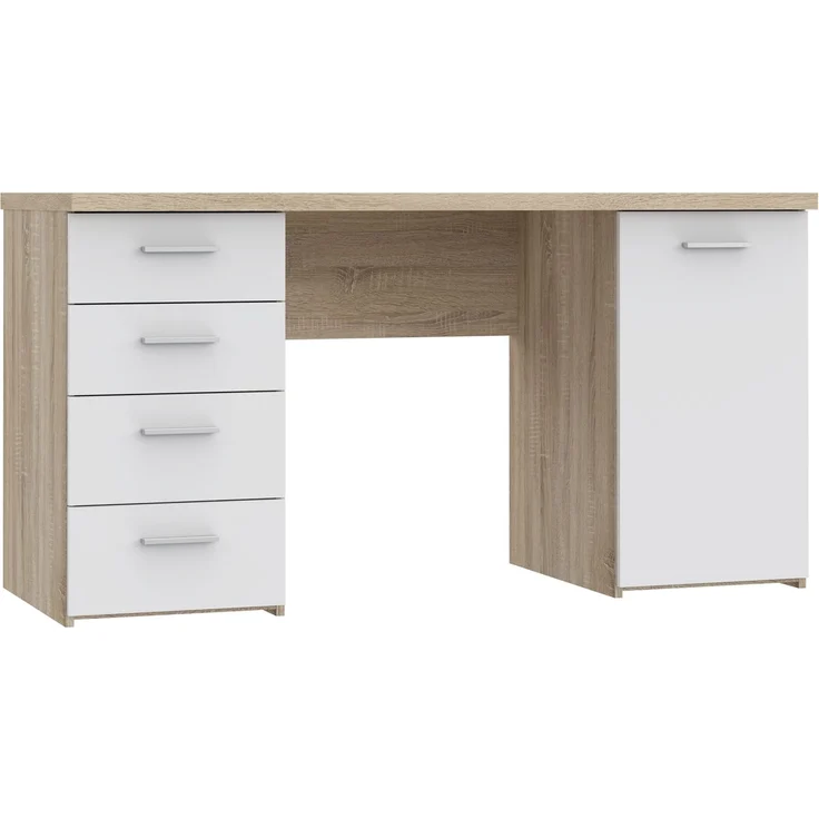 Schreibtisch >NET106< mit 4 Schubladen und Tür, in Sonoma Eiche Dekor / Weiß - 145x76,3x60cm (BxHxT) – Bild 3