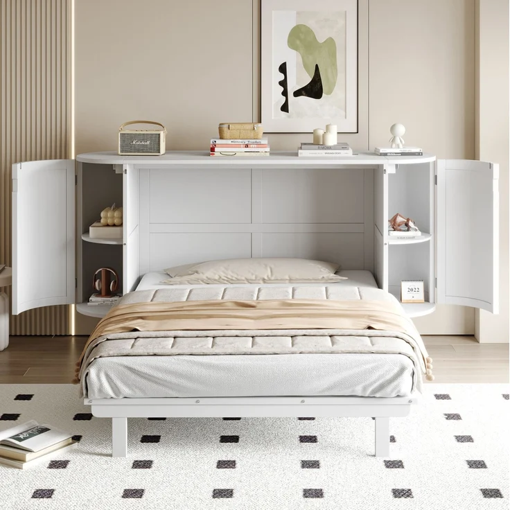 Schrankbett 140x200 cm, vertikales Wandklappbett aus Holz in Weiß mit Rattan-Optik und Staufächern – Bild 4