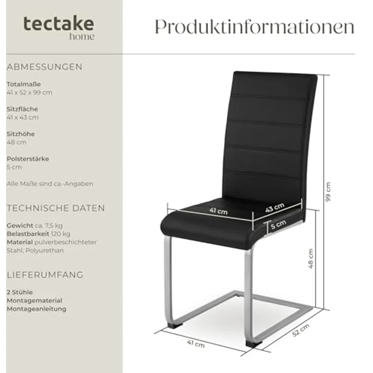 TecTake 800451 2er Set Esszimmerstuhl, Kunstleder Stuhl mit hoher Rückenlehne, Schwingstuhl mit ergonomisch geformter Rückenlehne (2er Set schwarz | Nr. 402549) – Bild 4
