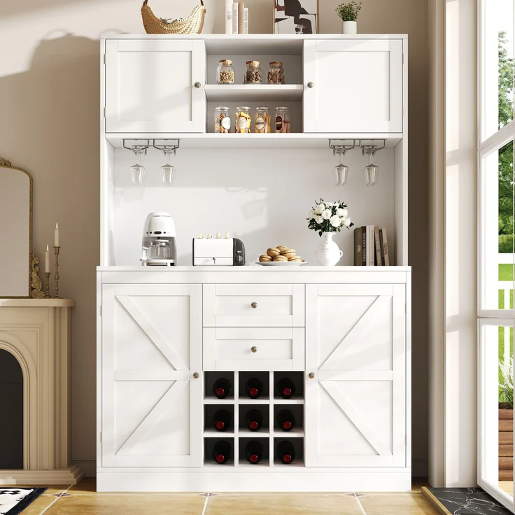 Sideboard 120x40x188 cm in Weiß, mit 4 Türen, 2 Schubladen, offenen Fächern und Weinregal – Bild 3