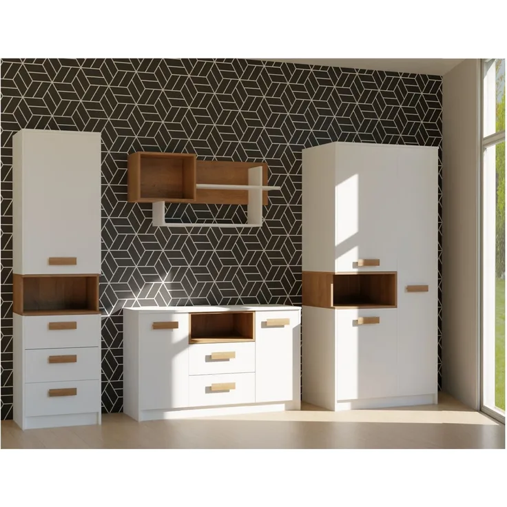 Marmex Möbel Grant Set-C Jugendzimmer Komplett-Set 4-teilig mit Kleiderschrank, Kommode, Wandregal, geschlossenes Regal, Kinderzimmermöbel, laminierte Spanplatte, weiß+riviera Eiche, 262,5x195x55 cm
