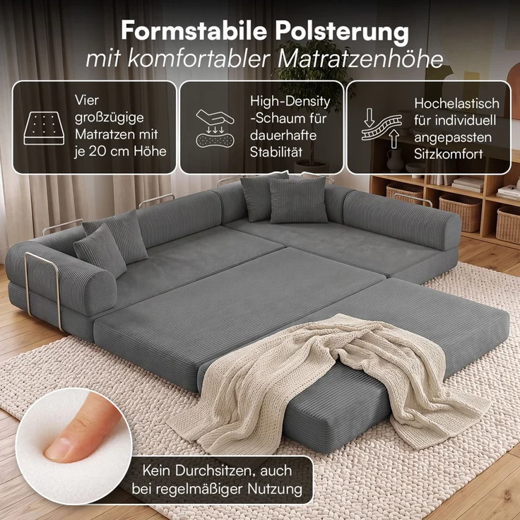 skølm 'Lofn' Modulares Sofa 4 Sitzer, 300x200 cm, Vollschaumcouch mit Metallgestell, Cord dunkelgrau, Schlafsofa vakuumverpackt, kein Aufbau erforderlich – Bild 2
