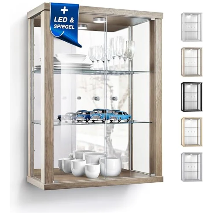 K-Möbel Hängevitrine, Sonoma Eiche Grau, Glas, 4 Fächer, Rechteckig, 60x80x25 cm, für Wohnzimmer und Wohnwände – Bild 1