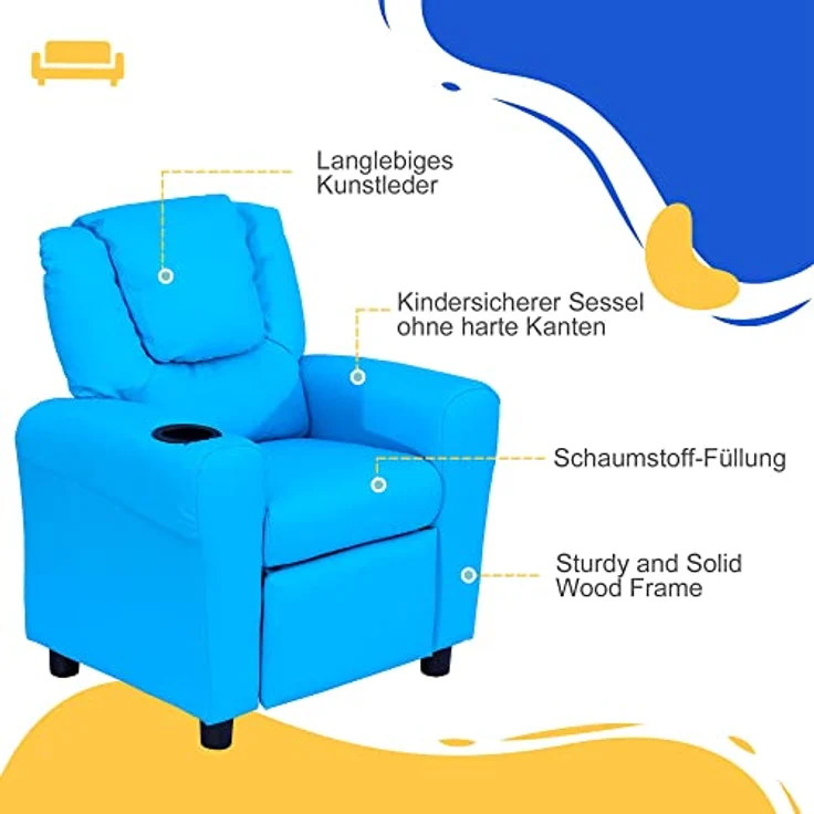 HOMCOM Sessel Kindersessel, Liegefunktion, Eingebauten Becherhalter, Blau (Set, 1-St, Kindersofa für 3-6 Jahre alt), 62B x 52T x 69H cm – Bild 8