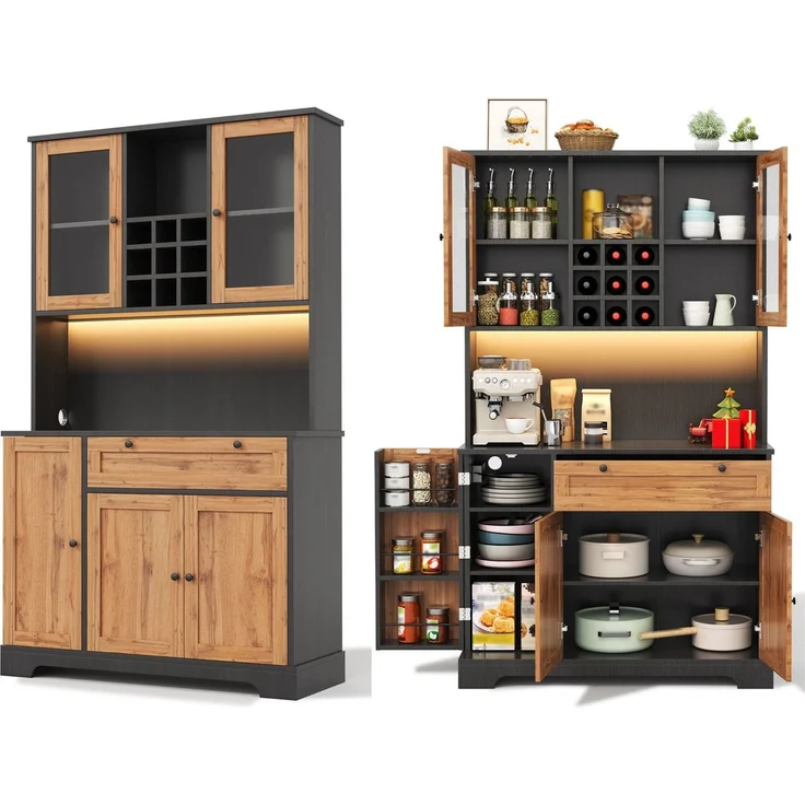 SeedWave Buffet Vielseitiges Küchenbuffet mit LED-Lichtleiste, Ladefunktion, Weinregal Hochschrank mit Höhe 180cm, 2× Glastüren, viel Stauraum – Bild 1