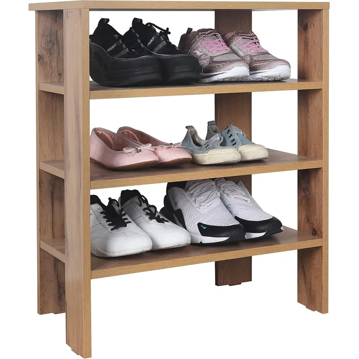 RICOO Schuhregal schmal und hoch 70 x 55 x 32 cm Standregal Pressholz Eiche Braun WM039-EW, Schuhständer mit 3 Ebenen, Schuhschrank offen, Schuhablagen Flur Shoe Rack, Schuhablage klein, Schuhregale