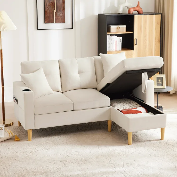 L-förmiges modernes Sofa, 3-Sitzer, mit Chaiselongue, Stauraum, integriertem Getränkehalter, inklusive 2 Kissen, geeignet für Wohnzimmer, Büro, Wohnung