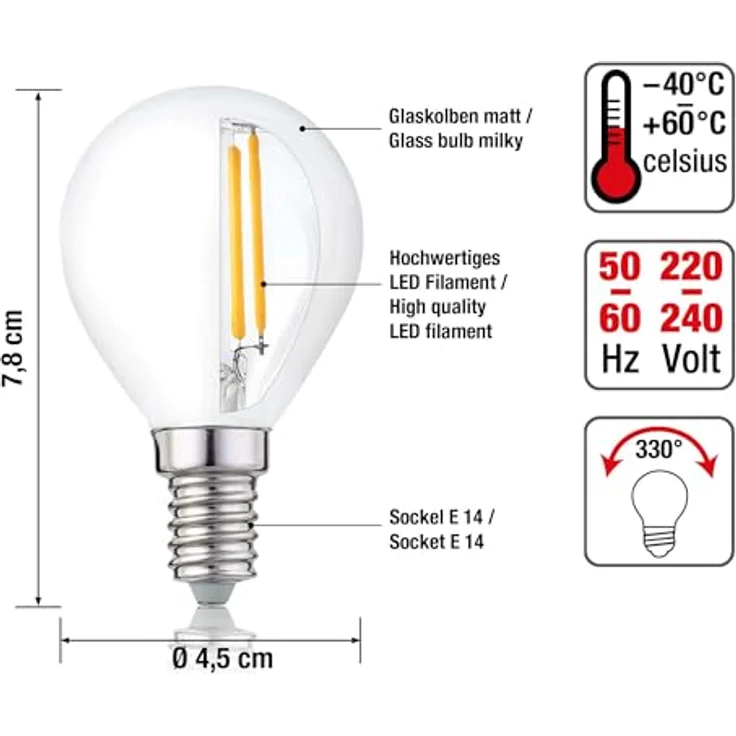hellum E14 LED Glühbirne, G45 LED Lampe 4,5W als Ersatz Leuchtmittel für 40-Watt Glühbirne, LED E14 warmweiß mit 2700 Kelvin, 470 Lumen LED Filament Matt, 10 Stück 220384 – Bild 2